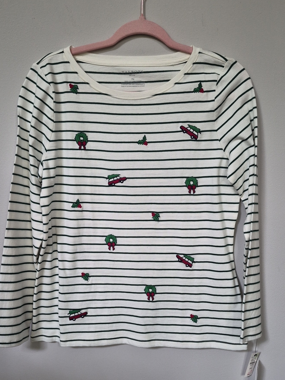 Talbots Knit Top Womens MP White Striped Holiday Embroidered Wreaths Holly Truck